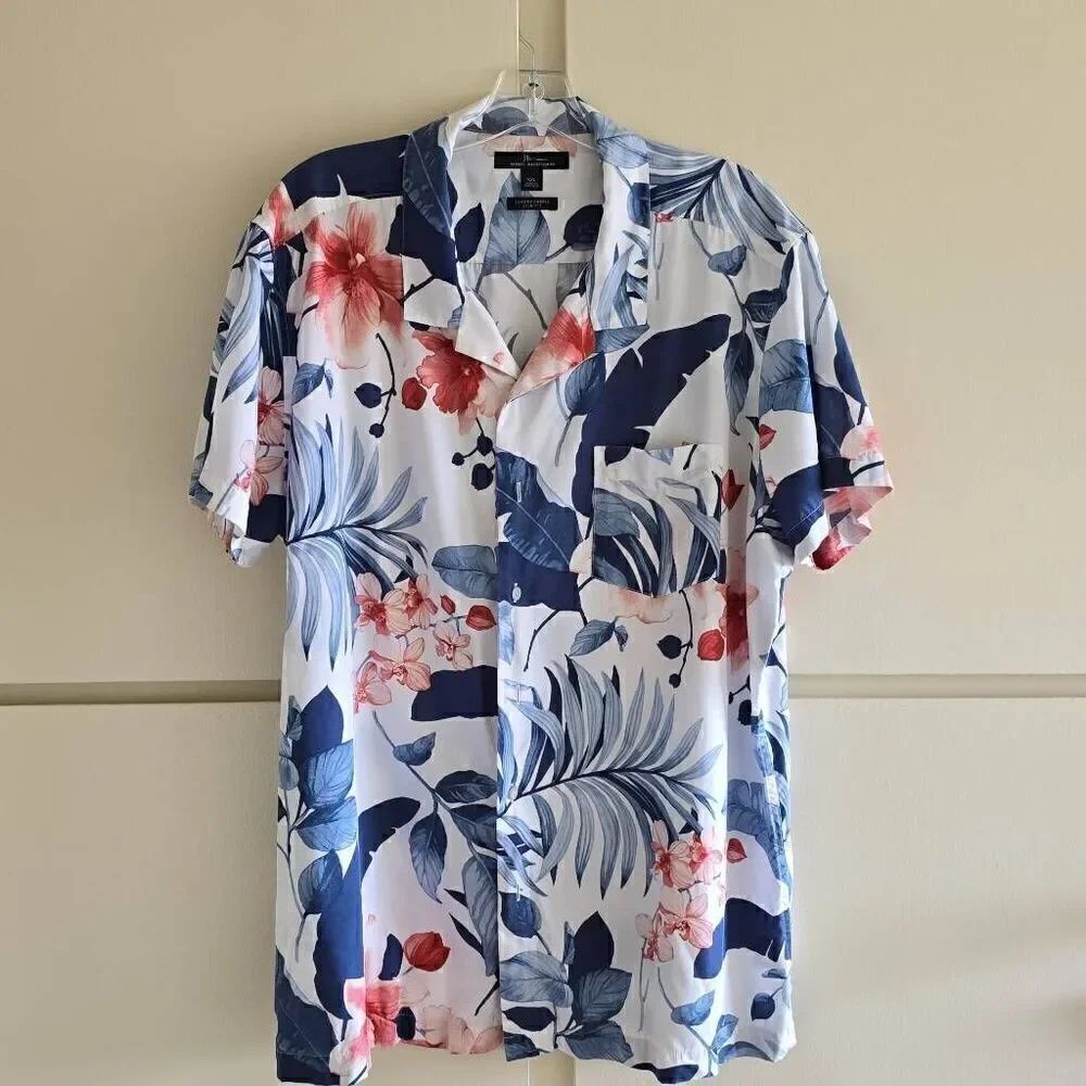 Marc Anthony luxury fabric white/blue/coral tropical print shirt, BWOT, XXL